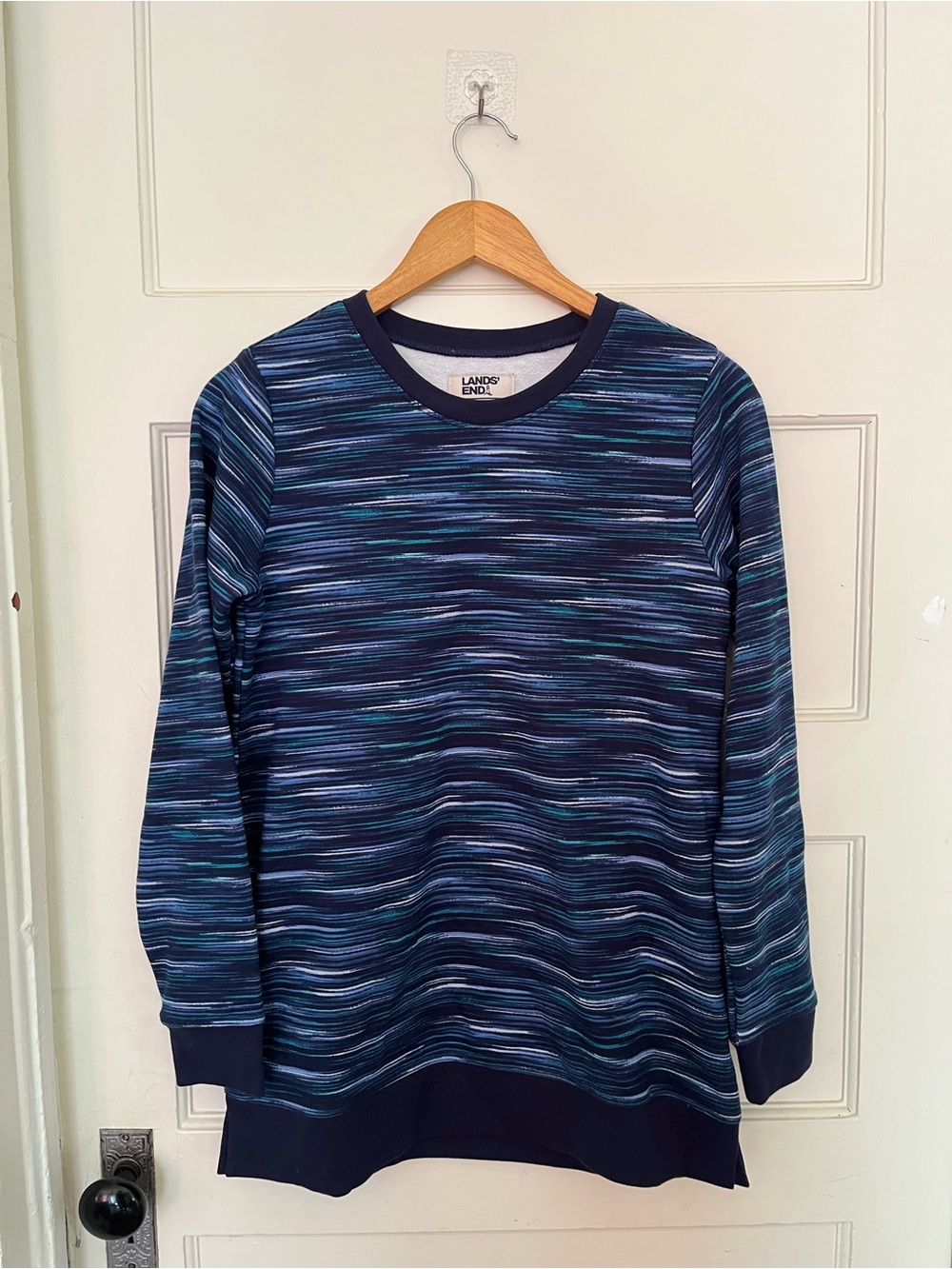 Lands' End Navy Blue Striped Crewneck Sweater